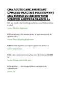 CNA ACUTE CARE ASSISTANT&NewLine;UPDATED PRACTICE SOLUTION SET&NewLine;2026 TESTED QUESTIONS WITH&NewLine;VERIFIED ANSWERS GRADED A&plus;