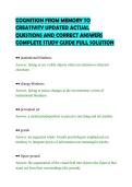 COGNITION FROM MEMORY TO&NewLine;CREATIVITY UPDATED ACTUAL&NewLine;QUESTIONS AND CORRECT ANSWERS&NewLine;COMPLETE STUDY GUIDE FULL SOLUTION