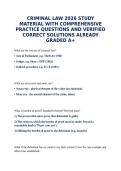 CRIMINAL LAW 2026 STUDY MATERIAL WITH COMPREHENSIVE PRACTICE QUESTIONS AND VERIFIED CORRECT SOLUTIONS ALREADY GRADED A&plus;