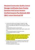 Maryland Construction Quality Control &NewLine;Manager Certification Exam Practice &NewLine;Questions And Correct Answers &NewLine;&lpar;Verified Answers&rpar; Plus Rationale 2026 &NewLine;Q&A&vert; Instant Download Pdf 
