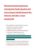 Minnesota Assisted Living Director &NewLine;Licensing Exam Practice Questions And &NewLine;Correct Answers &lpar;Verified Answers&rpar; Plus &NewLine;Rationales 2026 Q&A &vert; Instant &NewLine;Download Pdf