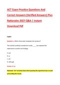 ACT Exam Practice Questions And &NewLine;Correct Answers &lpar;Verified Answers&rpar; Plus &NewLine;Rationales 2027 Q&A &vert; Instant &NewLine;Download Pdf 