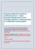 Hazardous Materials Avoidance &NewLine;Certification Exam &mdash; Exam &NewLine;Questions Merged with Correct &NewLine;Complete Solutions &vert;&vert; Already Graded &NewLine;A&plus; &vert;&vert; 2026-2027 Latest Update&excl;&excl;&excl;