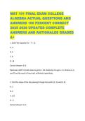 MAT 101 FINAL EXAM COLLEGE ALGEBRA ACTUAL QUESTIONS AND ANSWERS 100 PERCENT CORRECT 2025 2026 UPDATED COMPLETE ANSWERS AND RATIONALES GRADED A&plus;&NewLine;1&period; Solve the equation 3x - 7 &equals; 11&period;&NewLine;A&period; 4&NewLine;B&period; 6&NewLine;C&period; 8&NewLine;D&period; 18&NewLine;Correct Answer&colon; B&period; 6&NewLine;Rationale&colon; Add 7 to both si
