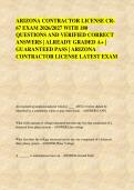 ARIZONA CONTRACTOR LICENSE CR&NewLine;67 EXAM 2026&sol;2027 WITH 180 &NewLine;QUESTIONS AND VERIFIED CORRECT &NewLine;ANSWERS &vert; ALREADY GRADED A&plus; &vert; &NewLine;GUARANTEED PASS &vert; ARIZONA &NewLine;CONTRACTOR LICENSE LATEST EXAM