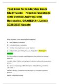 Test Bank for leadership Exam &NewLine;Study Guide &ndash; Practice Questions &NewLine;with Verified Answers with &NewLine;Rationales&period; GRADED A&plus;&period; Latest &NewLine;2026&sol;2027 Update 