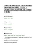 CLINICAL MANIFESTATIONS AND ASSESSMENT&NewLine;OF RESPIRATORY DISEASE CHAPTER 44&NewLine;UPDATED ACTUAL QUESTIONS AND CORRECT&NewLine;ANSWERS&NewLine;