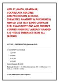 HESI A2 &lpar;MATH&comma; GRAMMAR&comma; VOCABULARY&comma; READING COMPREHENSION&comma; BIOLOGY&comma; CHEMISTRY&comma; ANATOMY & PHYSIOLOGY&rpar; NEWEST 2026 TEST BANK&vert; COMPLETE REAL EXAM QUESTIONS AND CORRECT VERIFIED ANSWERS&sol; ALREADY GRADED A&plus;&vert; HESI A2 ENTRANCE EXAM ALL SECTION