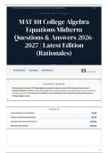 MAT 101 College Algebra Equations Midterm Questions & Answers 2026-2027 Latest Edition &lpar;Rationales&rpar;