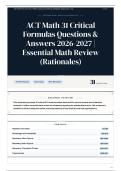 ACT Math 31 Critical Formulas Questions & Answers 2026-2027 Essential Math Review &lpar;Rationales&rpar;