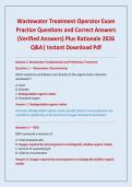 Wastewater Treatment Operator Exam Practice Questions and Correct Answers &lpar;Verified Answers&rpar; Plus Rationale 2026 Q&A&vert; Instant Download Pdf