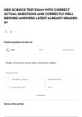 GED SCIENCE TEST EXAM WITH CORRECT ACTUAL QUESTIONS AND CORRECTLY WELL DEFINED ANSWERS LATEST ALREADY GRADED A&plus;
