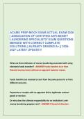 ACAMS PREP-MOCK EXAM ACTUAL EXAM 2026 &NewLine;&vert; ASSOCIATION OF CERTIFIED ANTI-MONEY &NewLine;LAUNDERING SPECIALISTS&rsquo; EXAM QUESTIONS&NewLine;MERGED WITH CORRECT COMPLETE &NewLine;SOLUTIONS &vert;&vert; ALREADY GRADED A&plus; &vert;&vert; 2026-&NewLine;2027 LATEST UPDATE&excl;&excl;&excl;