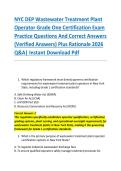 NYC DEP Wastewater Treatment Plant &NewLine;Operator Grade One Certification Exam &NewLine;Practice Questions And Correct Answers &NewLine;&lpar;Verified Answers&rpar; Plus Rationale 2026 &NewLine;Q&A&vert; Instant Download Pdf 