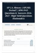 AP U&period;S&period; History &lpar;APUSH&rpar; Period 7&comma; 1890-1945 55&plus; Questions & Answers 2026-2027 High-Yield Questions &lpar;Rationales&rpar;