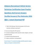 Alabama Recreational Vehicle Service &NewLine;Technician Certification Exam Practice &NewLine;Questions And Correct Answers &NewLine;&lpar;Verified Answers&rpar; Plus Rationales 2026 &NewLine;Q&A &vert; Instant Download Pdf