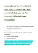 Alabama Residential Builder Limited &NewLine;Exam Practice Questions And Correct &NewLine;Answers &lpar;Verified Answers&rpar; Plus &NewLine;Rationales 2026 Q&A &vert; Instant &NewLine;Download Pdf 