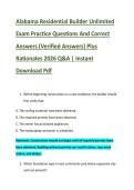 Alabama Residential Builder Unlimited &NewLine;Exam Practice Questions And Correct &NewLine;Answers &lpar;Verified Answers&rpar; Plus &NewLine;Rationales 2026 Q&A &vert; Instant &NewLine;Download Pdf