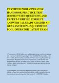CERTIFIED POOL OPERATOR &NewLine;HANDBOOK PRACTICE TEST &NewLine;2026&sol;2027 WITH QUESTIONS AND &NewLine;EXPERT-VERIFIED CORRECT &NewLine;ANSWERS &vert; ALREADY GRADED A&plus; &vert; &NewLine;GUARANTEED PASS &vert; CERTIFIED &NewLine;POOL OPERATOR LATEST EXAM