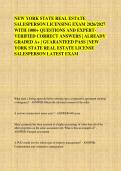 NEW YORK STATE REAL ESTATE &NewLine;SALESPERSON LICENSING EXAM 2026&sol;2027 &NewLine;WITH 1000&plus; QUESTIONS AND EXPERT&NewLine;VERIFIED CORRECT ANSWERS &vert; ALREADY &NewLine;GRADED A&plus; &vert; GUARANTEED PASS &vert; NEW &NewLine;YORK STATE REAL ESTATE LICENSE &NewLine;SALESPERSON LATEST EXAM  