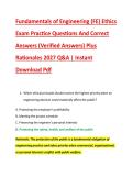 Fundamentals of Engineering &lpar;FE&rpar; Ethics &NewLine;Exam Practice Questions And Correct &NewLine;Answers &lpar;Verified Answers&rpar; Plus &NewLine;Rationales 2027 Q&A &vert; Instant &NewLine;Download Pdf 