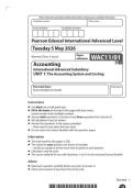 2026 Pearson Edexcel International A Level Accounting UNIT 1&vert;WAC11&sol;01&vert;Question paper&vert;JUNE 2026