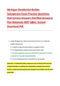 Michigan Residential Builder &NewLine;Salesperson Exam Practice Questions &NewLine;And Correct Answers &lpar;Verified Answers&rpar; &NewLine;Plus Rationale 2027 Q&A&vert; Instant &NewLine;Download Pdf