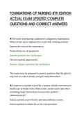 FOUNDATIONS OF NURSING 8TH EDITION&NewLine;ACTUAL EXAM UPDATED COMPLETE&NewLine;QUESTIONS AND CORRECT ANSWERS&NewLine;