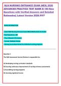 NLN NURSING ENTRANCE EXAM &lpar;NEX&rpar; 2026 &NewLine;ADVANCED PRACTICE TEST BANK B 100 New &NewLine;Questions with Verified Answers and Detailed &NewLine;Rationales&vert;&vert; Latest Version 2026-2027 