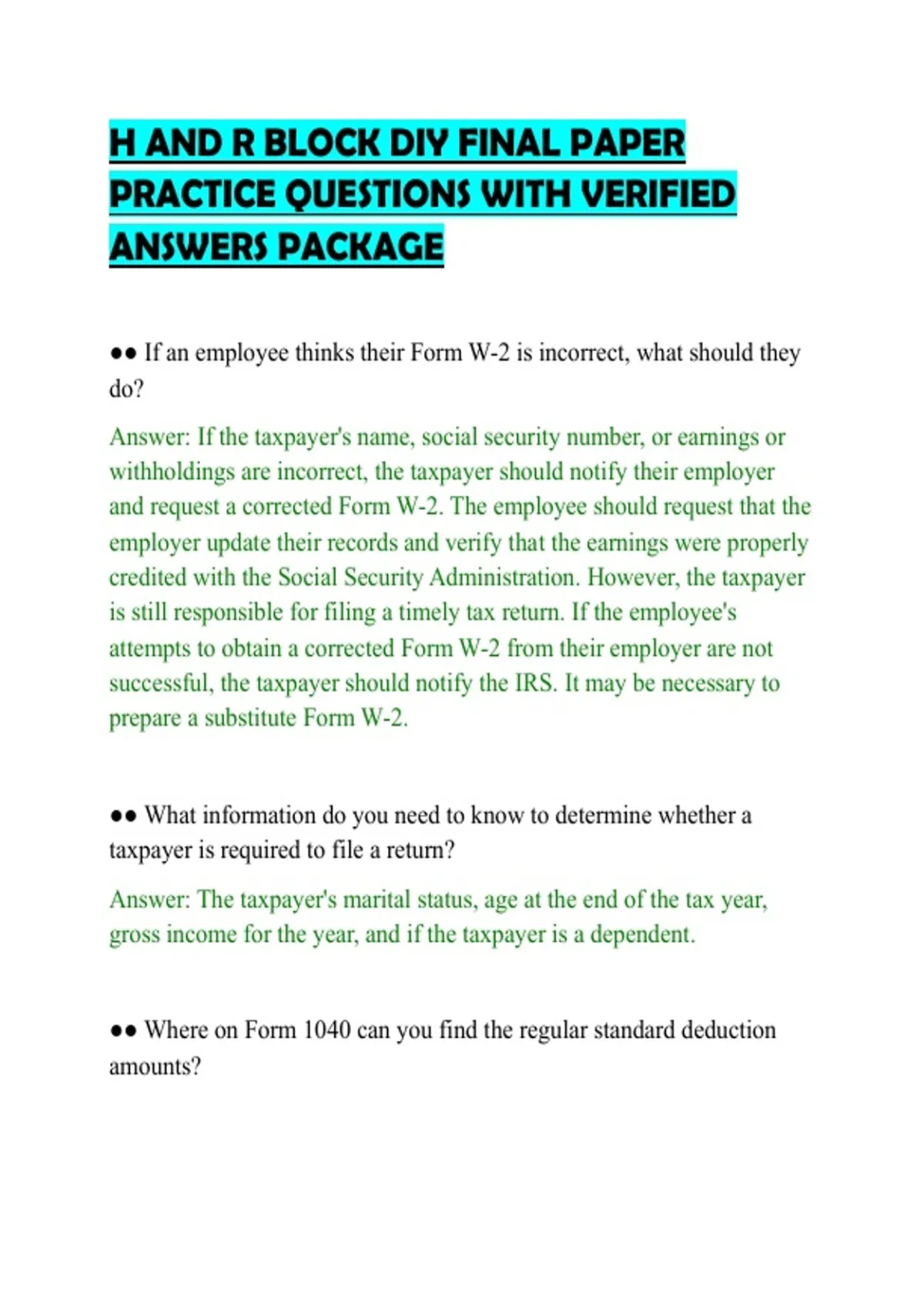 H AND R BLOCK DIY FINAL PAPER PRACTICE QUESTIONS WITH VERIFIED ANSWERS ...