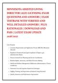 MINNESOTA ASSISTED LIVING &NewLine;DIRECTOR &lpar;ALD&rpar; LICENSING EXAM &NewLine;QUESTIONS AND ANSWERS &vert; EXAM &NewLine;TESTBANK WITH VERIFIED AND &NewLine;WELL DETAILED ANSWERS &vert; PLUS &NewLine;RATIONALES &vert; DOWNLOAD AND &NewLine;PASS &vert; LATEST EXAM UPDATE &NewLine;2026&sol;2027 