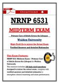 NRNP 6531 &NewLine;MIDTERM EXAM &NewLine;Primary Care of Adults Across the Lifespan &NewLine;Walden University &NewLine;High-Yield Qs to mirror the Actual Exam &NewLine;Verified Answers and detailed Rationales 