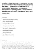 ALABAMA SPECIALTY CONTRACTOR EXAMINATION &lpar;VARIOUS&NewLine;CLASSIFICATIONS UNDER STATE BOARD SYSTEM&rpar; QUESTIONS&NewLine;AND CORRECT ANSWERS &lpar;VERIFIED ANSWERS&rpar; PLUS&NewLine;RATIONALE 2027 Q&A&vert; INSTANT DOWNLOAD PDF &NewLine;QUESTIONS AND ANSWERS &vert; VERIFIED AND WELL DETAILED&NewLine;ANSWERS &vert; P