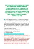 PSYCHIATRIC-MENTAL HEALTH NURSE &NewLine;PRACTITIONER COMPREHENSIVE &NewLine;PRACTICE QUESTIONS WITH ACTUAL &NewLine;QUESTIONS AND VERIFIED ANSWERS&comma; &NewLine;PLUS EXPLAINED RATIONALES&sol;EXPERT &NewLine;VERIFIED FOR GUARANTEED 100&percnt; PASS &NewLine;2026&sol;LATEST UPDATE&sol;INSTANT &NewLine;DOWNLOAD PDF 