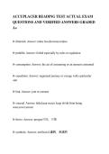 ACCUPLACER READING TEST ACTUAL EXAM&NewLine;QUESTIONS AND VERIFIED ANSWERS GRADED&NewLine;A&plus;