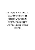 ISSA ACTUAL FINAL EXAM&NewLine;ESSAY QUESTIONS WITH&NewLine;CORRECT ANSWERS AND&NewLine;EXPLANATIONS LATEST&NewLine;UPDATES 2026&sol;2027 LATEST&NewLine;UPDATE &period;