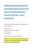 AR MA Masonry & Block Contractor &NewLine;Exam Practice Questions And Correct &NewLine;Answers &lpar;Verified Answers&rpar; Plus &NewLine;Rationales 2027 Q&A &vert; Instant &NewLine;Download Pdf 