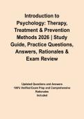 Introduction to Psychology&colon; Therapy&comma; Treatment & Prevention Methods 2026 &vert; Study Guide&comma; Practice Questions&comma; Answers&comma; Rationales & Exam Review