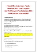 Police Officer Entry Exam Practice Questions and Correct Answers &lpar;Verified Answers&rpar; Plus Rationales 2026 Q&A &vert; Instant Download Pdf