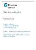 Edexcel AS Level History Paper 1&colon; Breadth study with interpretations Option 1B&colon; England&comma; 1509-1603&colon; authority&comma; nation and religion Mark Scheme 2025