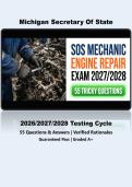 SOS Mechanic Engine Repair Cat A Exam - Michigan Secretary of State 2027&sol;2028 &vert; Newly Released &vert; Actual Exam &vert; 55 Q&A &vert; Guaranteed Pass - A&plus; Graded&NewLine;&NewLine;