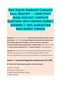 West Virginia Residential Contractor &NewLine;Exam 2026&sol;2027 &mdash; EXAM STUDY &NewLine;GUIDE 2026&sol;2027 COMPLETE &NewLine;QUESTIONS WITH VERIFIED CORRECT &NewLine;ANSWERS &vert;&vert; 100&percnt; GUARANTEED &NewLine;PASS NEWEST VERSION 