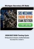 SOS Mechanic Engine Repair Cat A Exam BUNDLE 2027&sol;2028 &vert; Newly Released &vert; Actual Exam &vert; Michigan Secretary of State &vert; Guaranteed Pass - A&plus; Graded