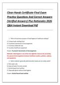 Clean Hands Certificate Final Exam &NewLine;Practice Questions And Correct Answers &NewLine;&lpar;Verified Answers&rpar; Plus Rationales 2026 &NewLine;Q&A Instant Download Pdf 