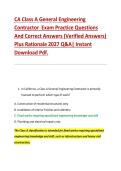 CA Class A General Engineering &NewLine;Contractor  Exam Practice Questions &NewLine;And Correct Answers &lpar;Verified Answers&rpar; &NewLine;Plus Rationale 2027 Q&A&vert; Instant &NewLine;Download Pdf