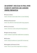 OB MATERNITY HESI EXAM 110 FINAL PAPER&NewLine;COMPLETE QUESTIONS AND ANSWERS&NewLine;VERIFIED PREPARATION&NewLine;