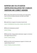 NUTRITION AND YOU 4TH EDITION&NewLine;CERTIFICATION EVALUATION TEST COMPLETE&NewLine;QUESTIONS AND CORRECT ANSWERS