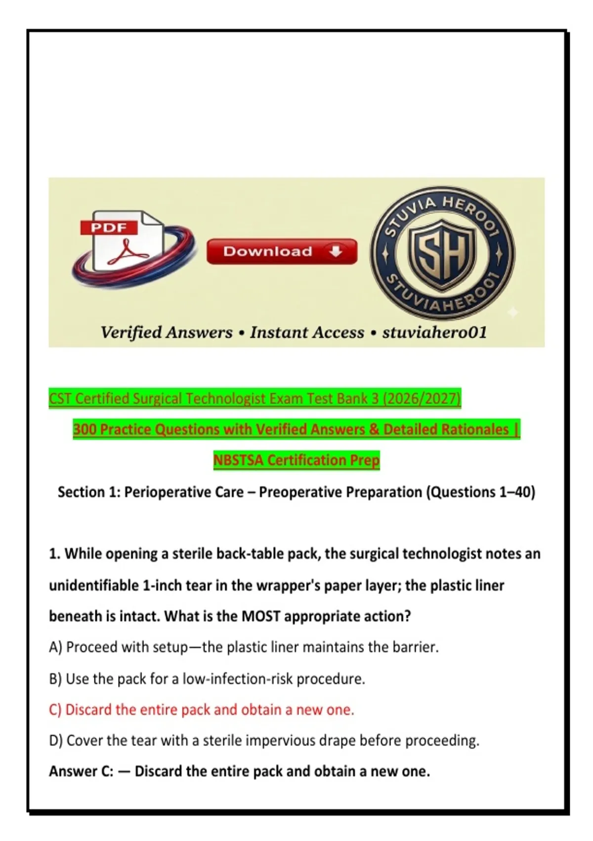 CST Certified Surgical Technologist Exam Test Bank 3 (2026/2027) 300 ...