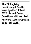 ABMDI Registry Medicolegal Death Investigation Exam 2026 &vert; Death Investigation&comma; Organ Donation&comma; Death Certificates & Legal Authority &vert; Actual Exam Questions & Verified Answers &vert; Updated 2026&sol;2027 &vert; Instant Download&NewLine;