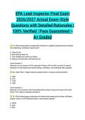 EPA Lead Inspector Final Exam 2026&sol;2027 Actual Exam-Style Questions with Detailed Rationales &vert; 100&percnt; Verified &vert; Pass Guaranteed &ndash; A&plus; Graded